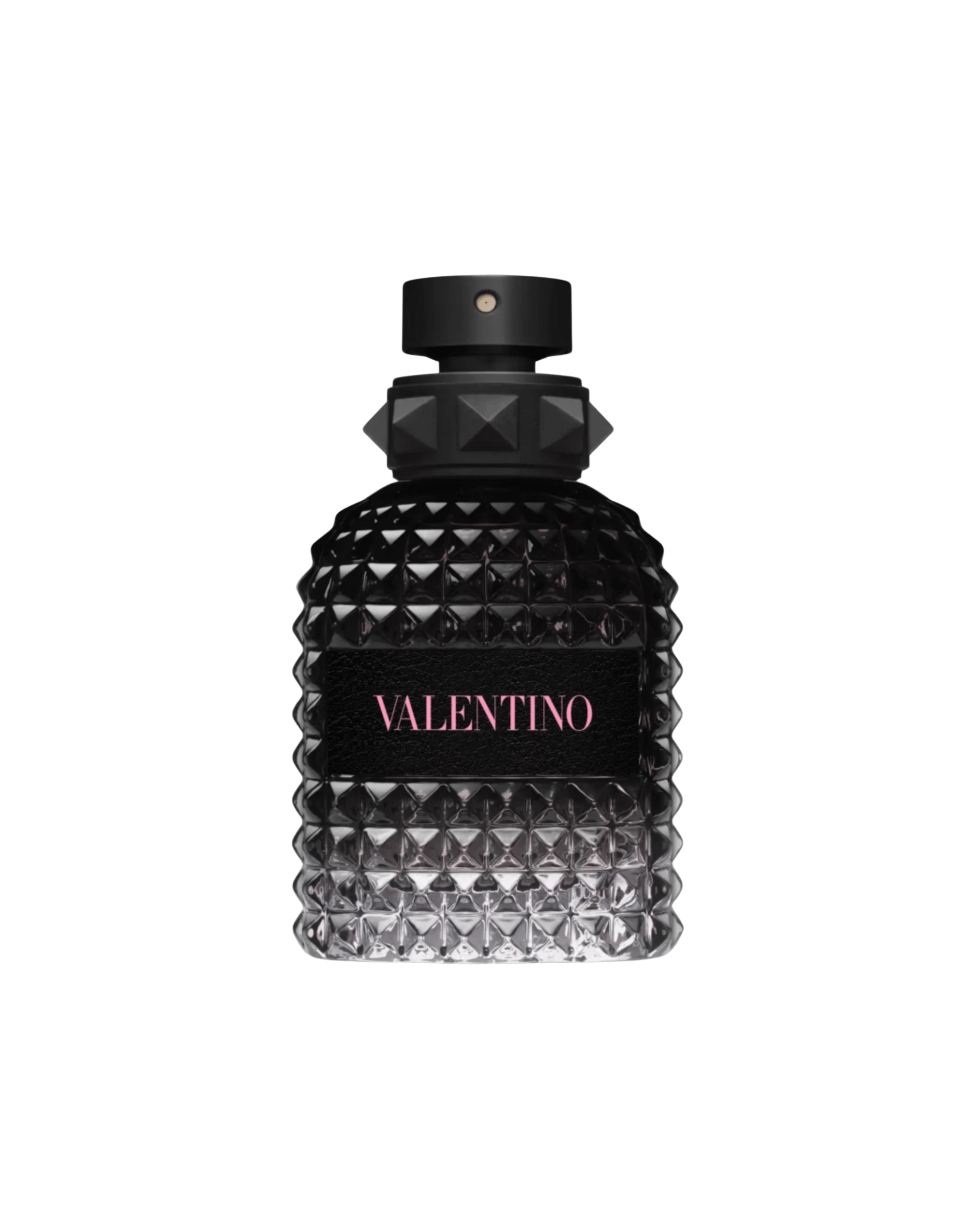 Valentino perfume bottle with black diamond-patterned design on a white background